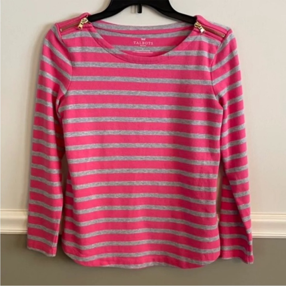 Women’s Talbots Pink Grey Stripe Zipper Top Size Petite